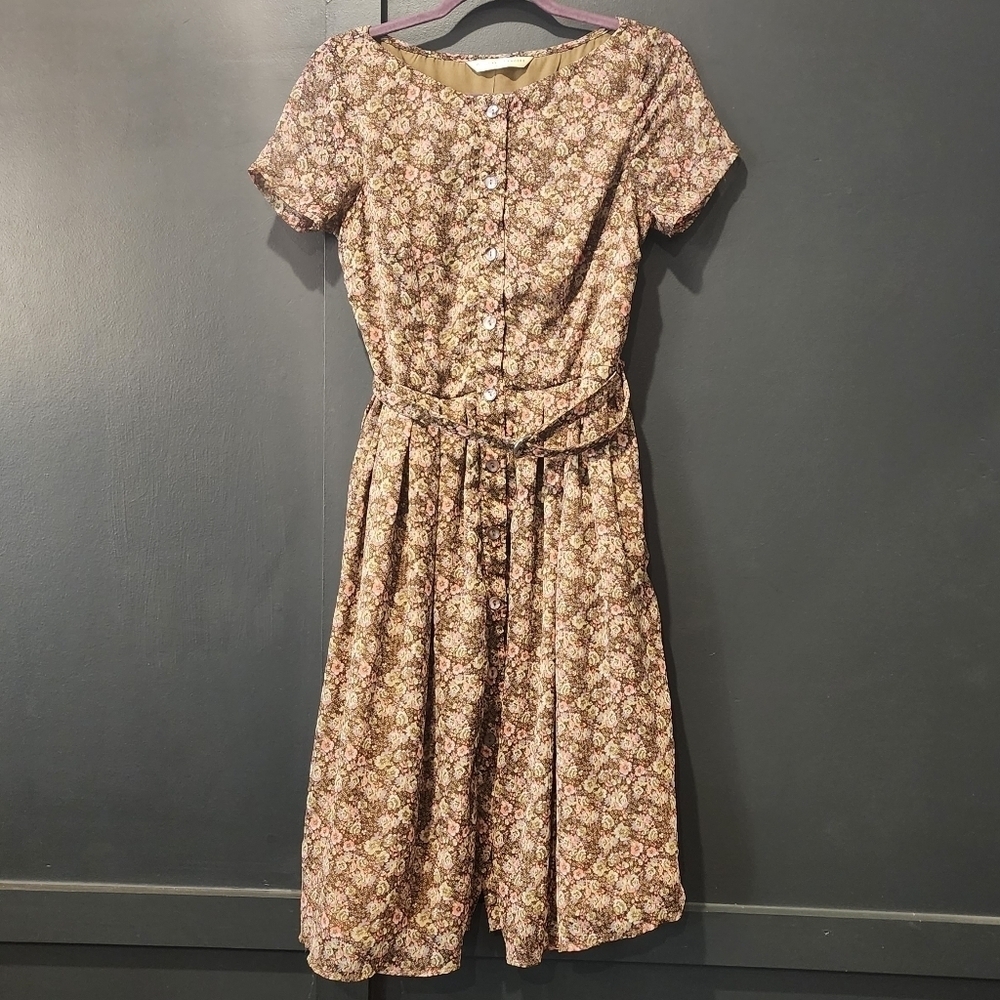 eShakti Wayward fancies Floral chiffon belted button boho cottage mini Dress